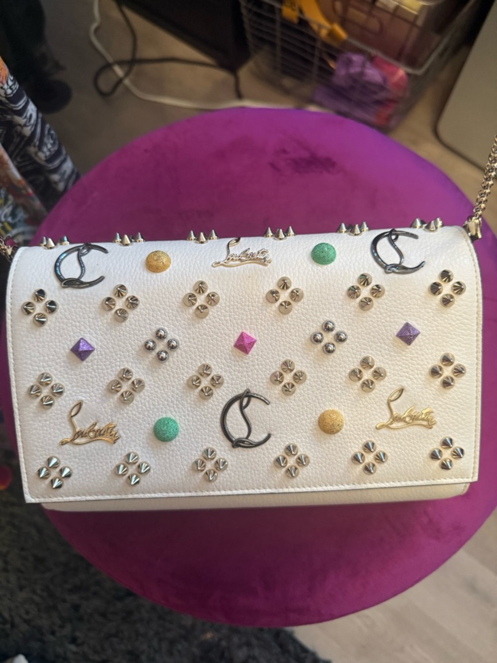 Christian Louboutin White Leather Studded Flap Bag with Multicolor Accents